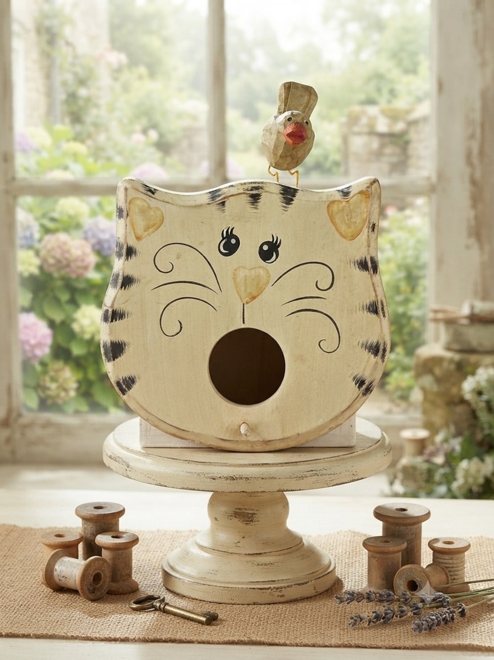 Vintage Artisan Folk art Cream Cat Birdhouse with Black Accents